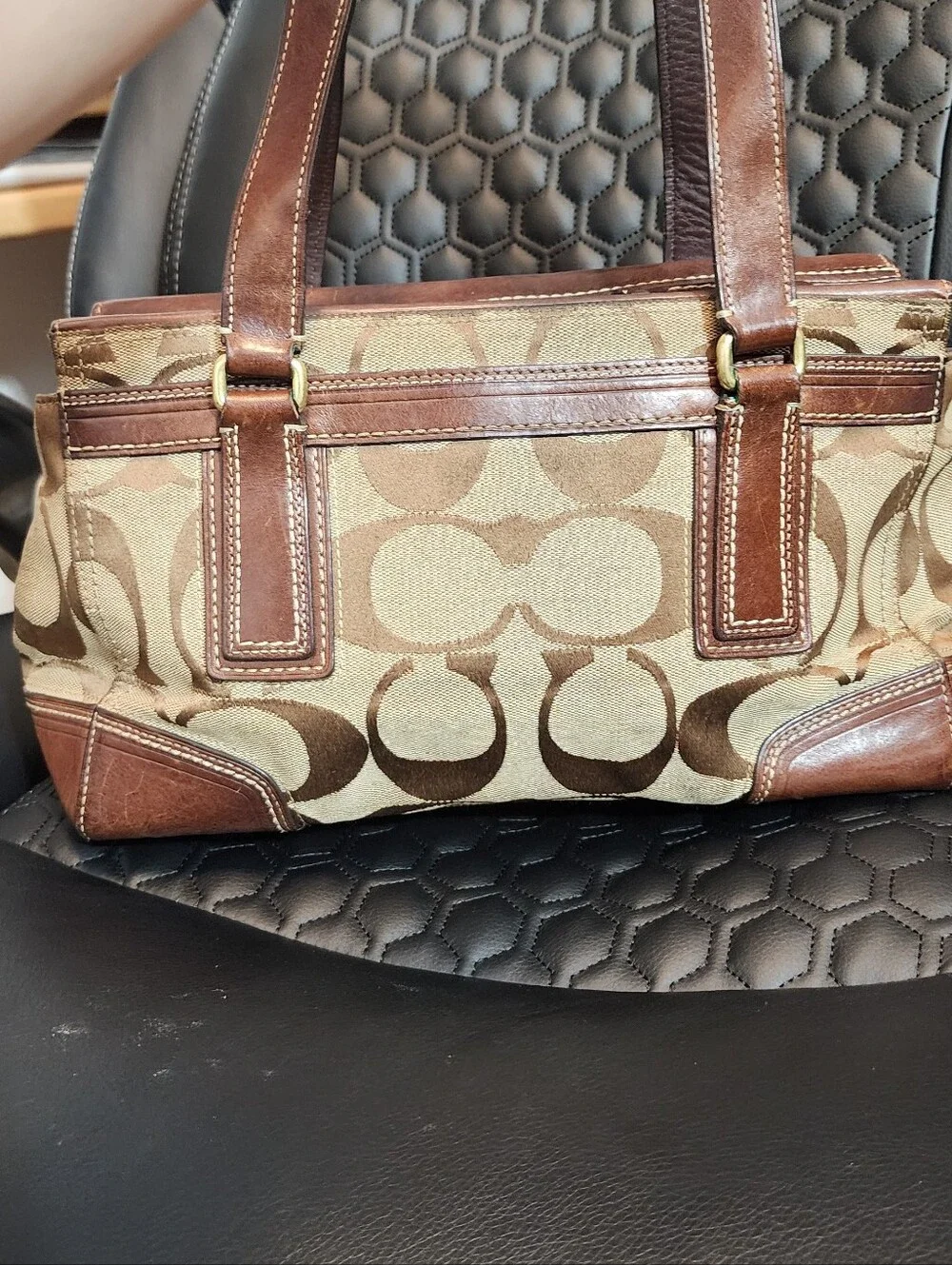 Coach Brown Signature Tote with Leather Trim and Stripe Detail